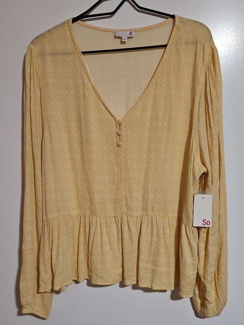 SO Yellow Long Sleeve Peplum Blouse Top V-Neck Sz L